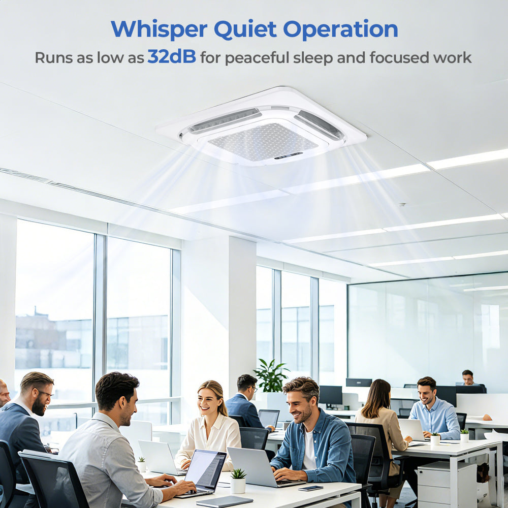 Ceiling cassette mini split AC with whisper quiet operation at 32 dB, ideal for homes and offices, providing 360°.