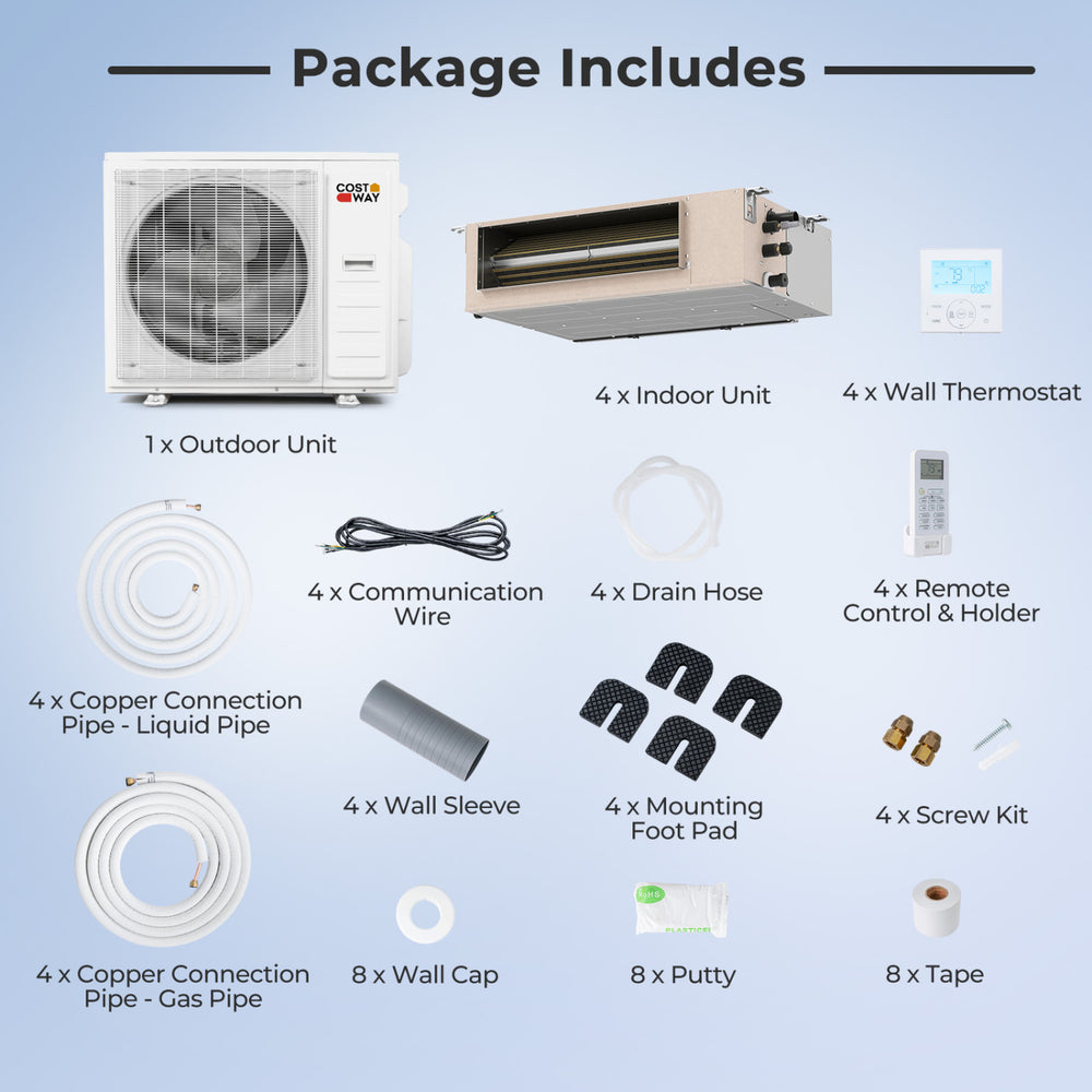 Concealed ducted mini split AC system with outdoor unit, indoor unit, and essential installation components for.