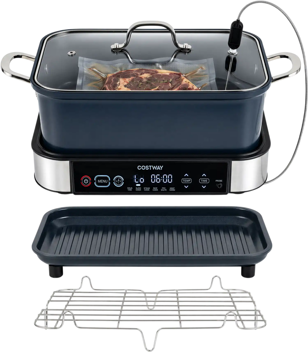 Multi cooker with removable nonstick pot, sous vide probe, and LED touch control for versatile meal preparation.