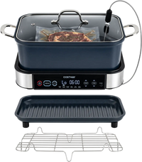 Multi cooker with removable nonstick pot, sous vide probe, and LED touch control for versatile meal preparation.