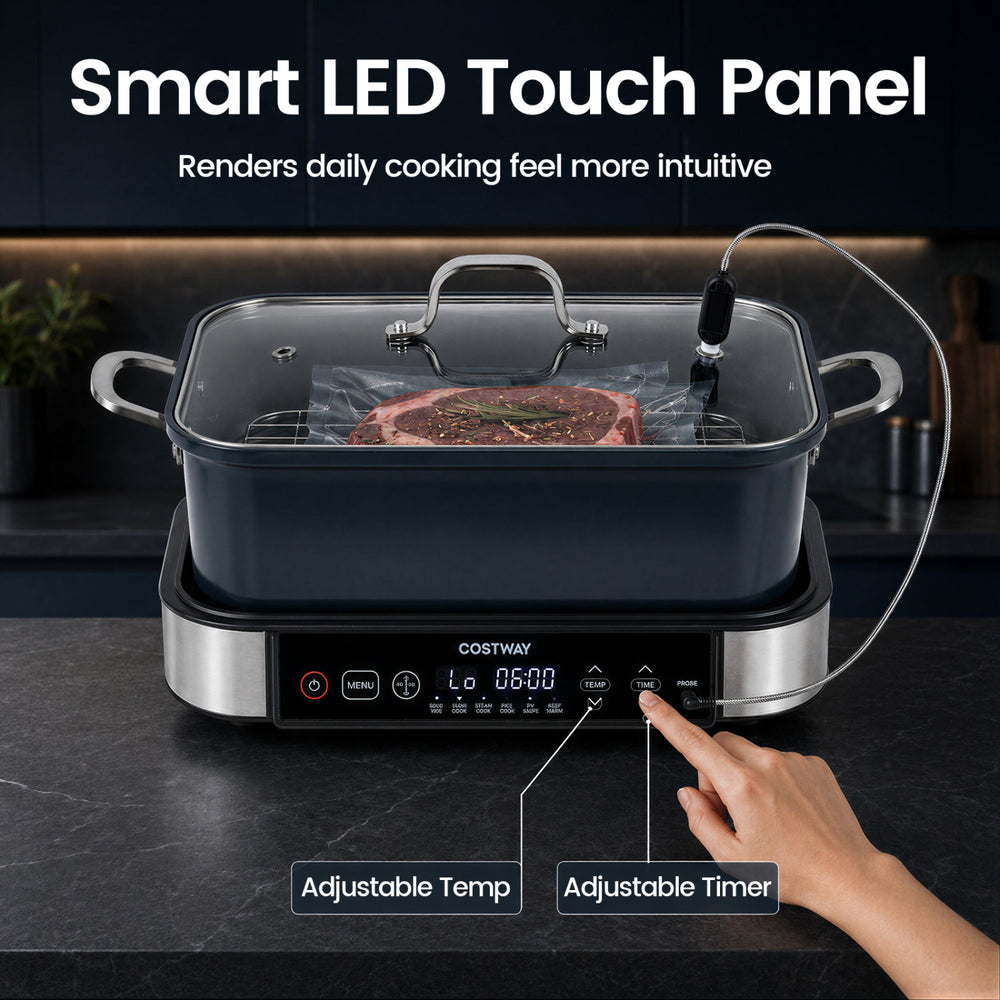 X Quart Multi Cooker features a smart LED touch panel for adjustable temperature and timer, perfect for versatile cooking.