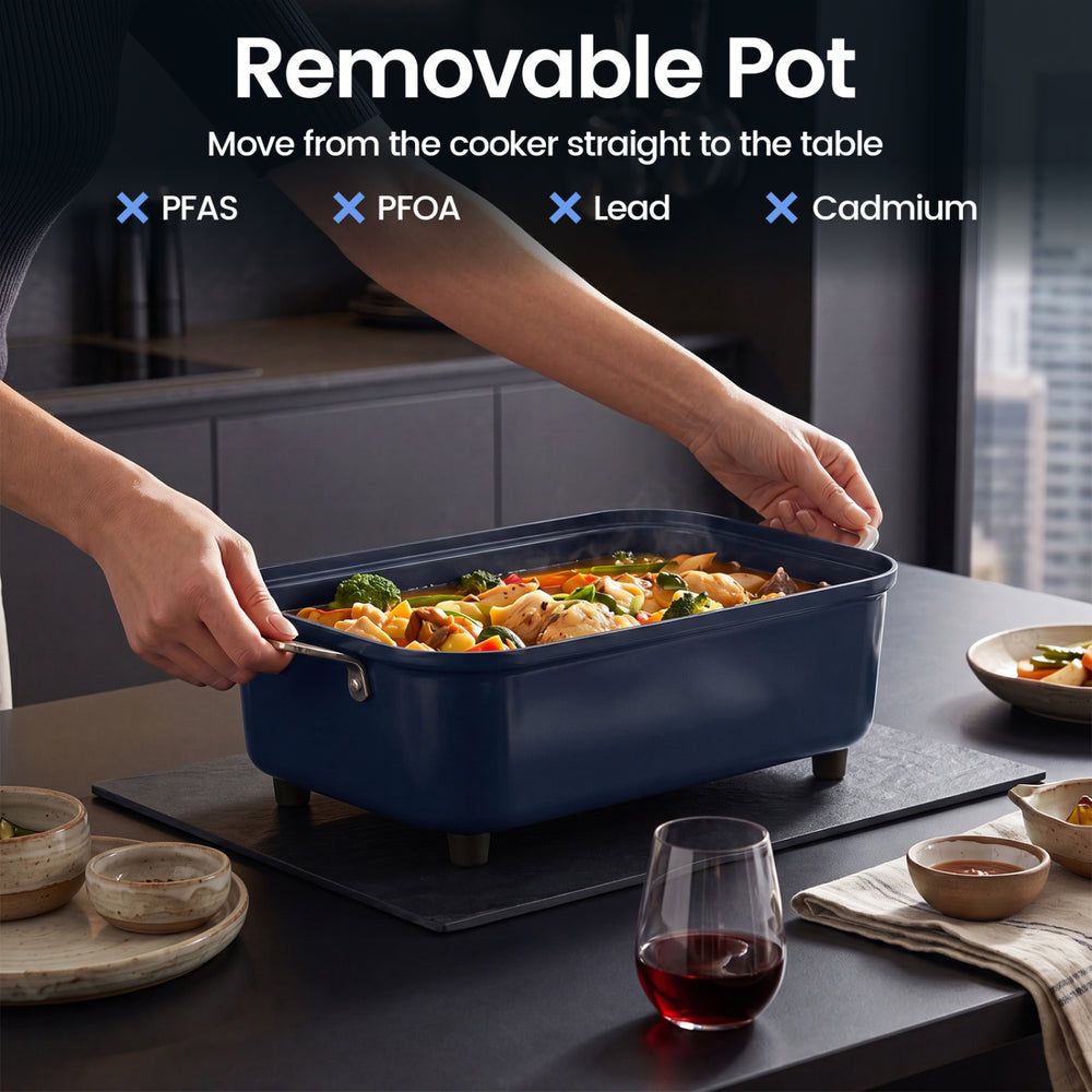Removable pot from the X Quart Multi Cooker in blue, designed for easy serving and dishwasher-safe convenience.