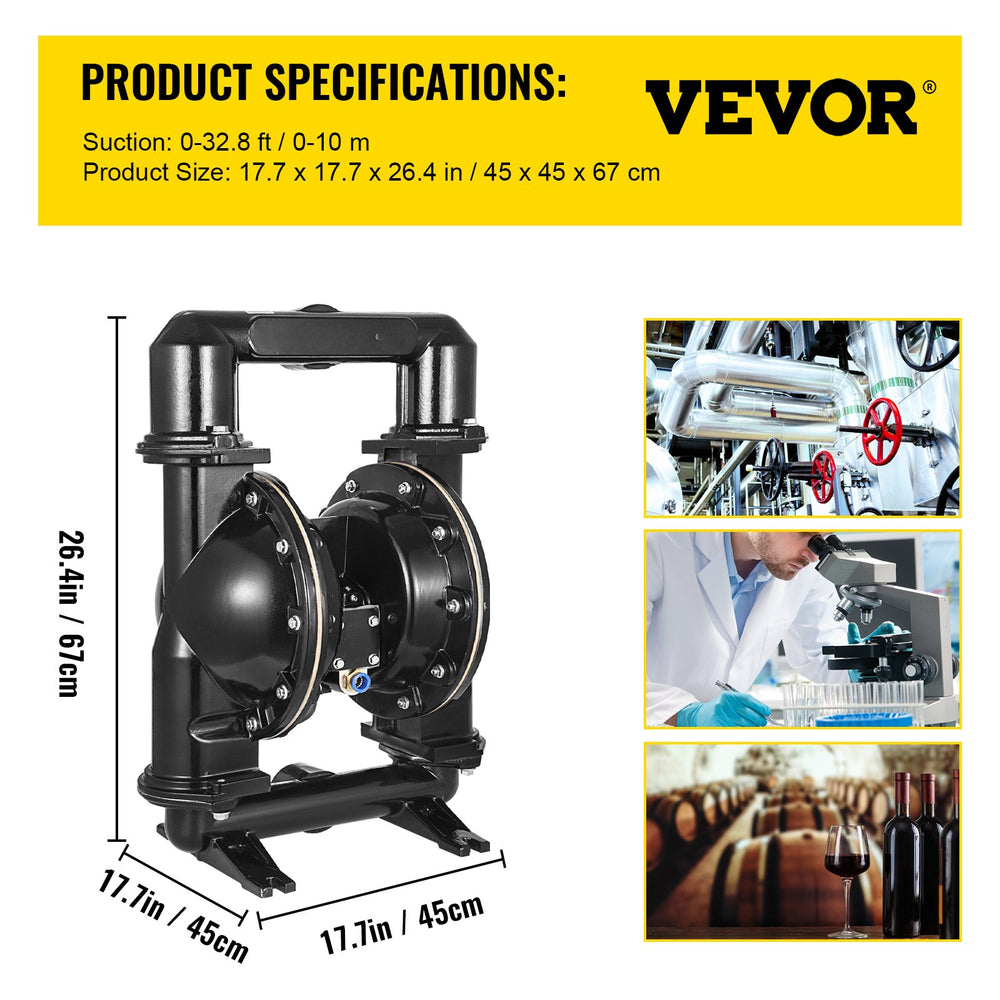 Vevor Double Diaphragm Pump Air Operated 75 GPM 120 PSI Aluminum Alloy Body 2" Inlet/Outlet New