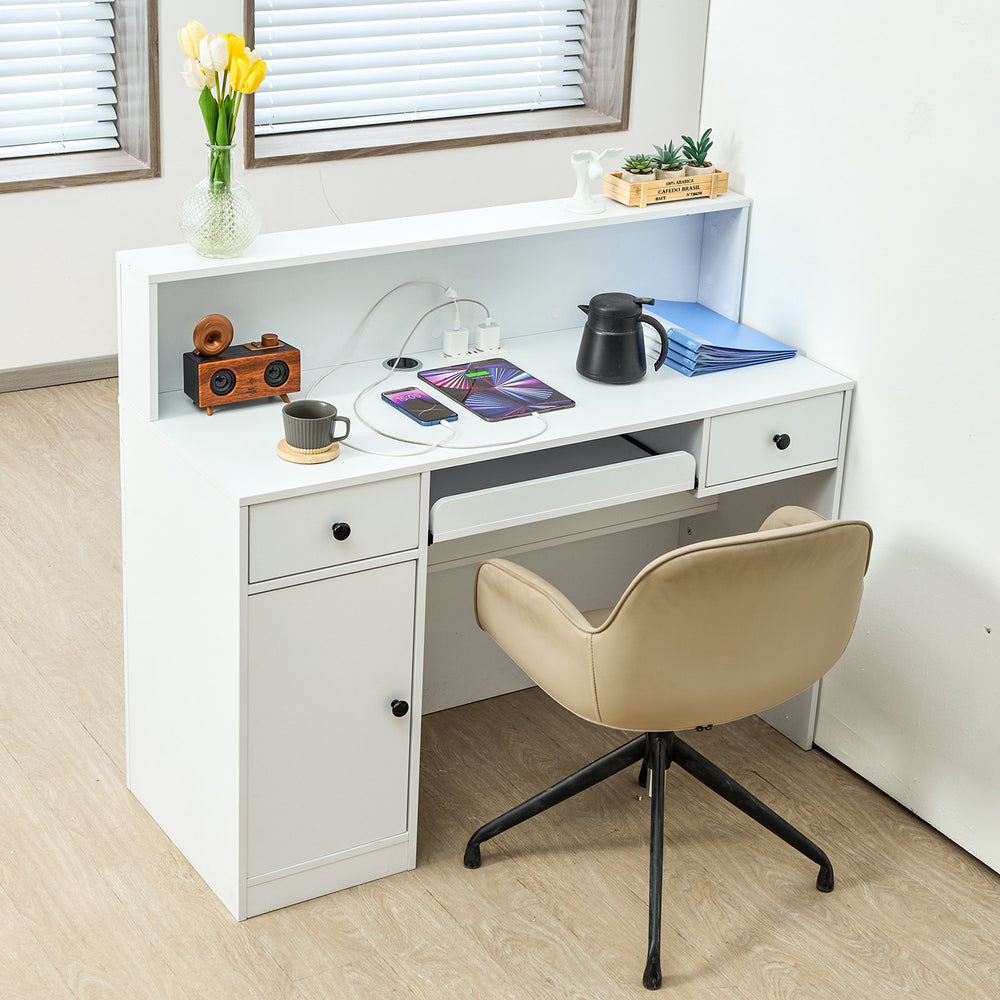 Vevor Reception Desk 47" MDF Counter with LED Light Drawers and Storage Cabinet White New