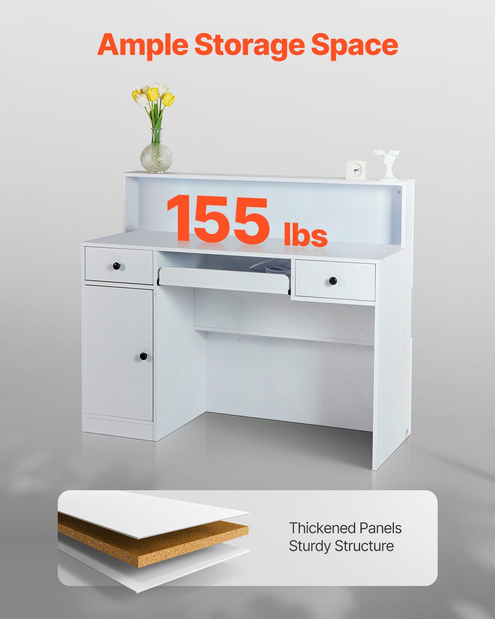 Vevor Reception Desk 47" MDF Counter with LED Light Drawers and Storage Cabinet White New