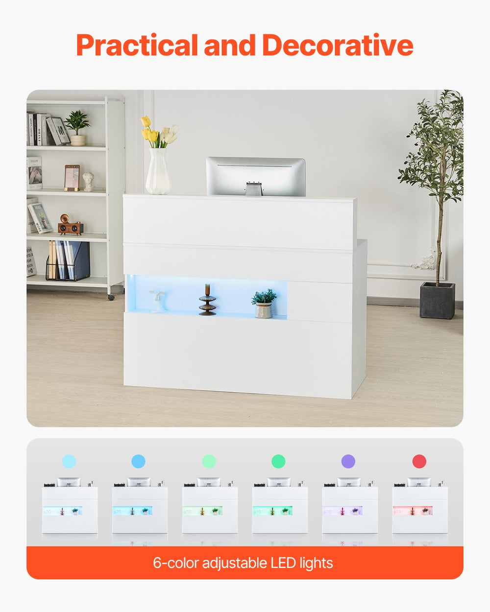 Vevor Reception Desk 47" MDF Counter with LED Light Drawers and Storage Cabinet White New