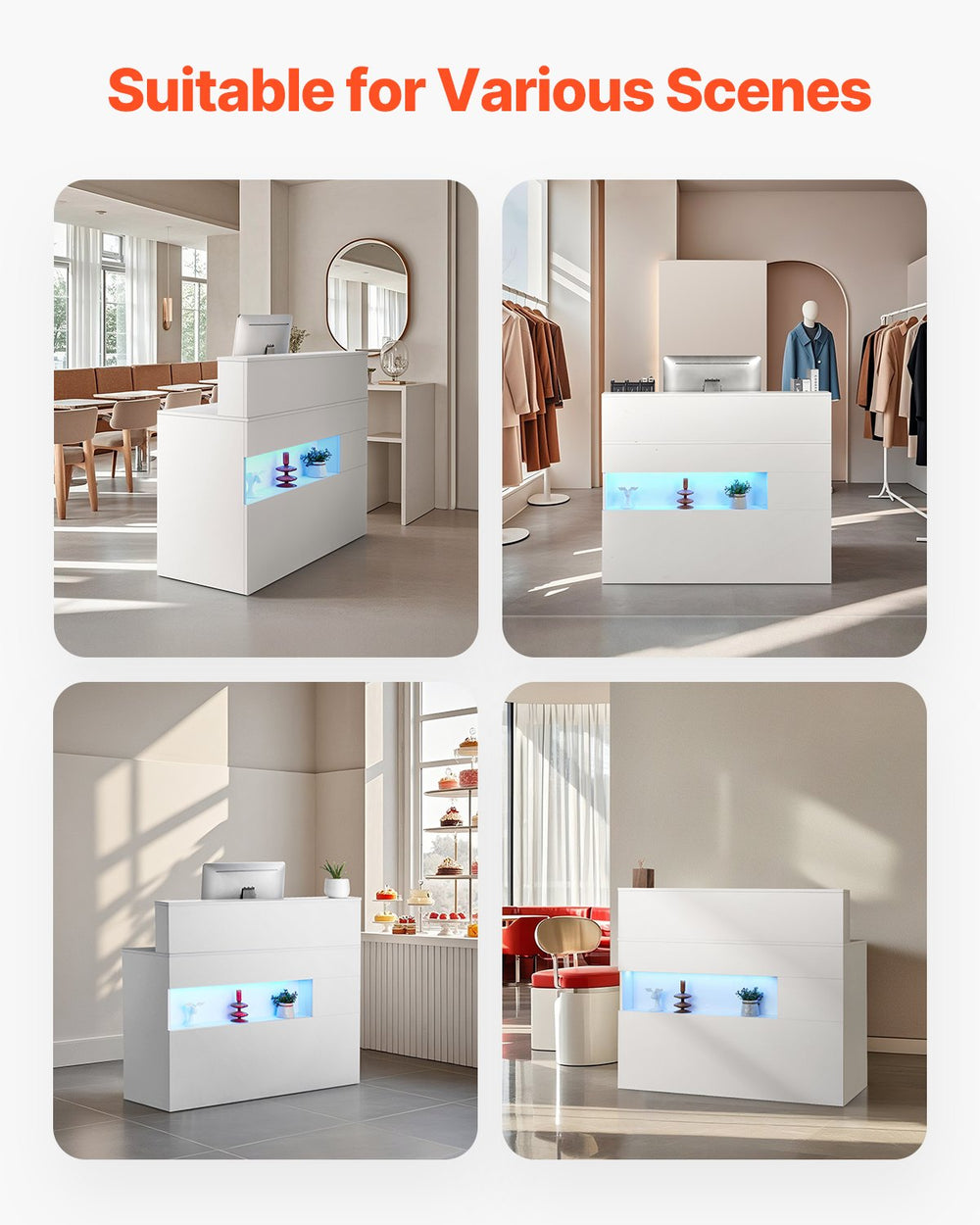 Vevor Reception Desk 47" MDF Counter with LED Light Drawers and Storage Cabinet White New