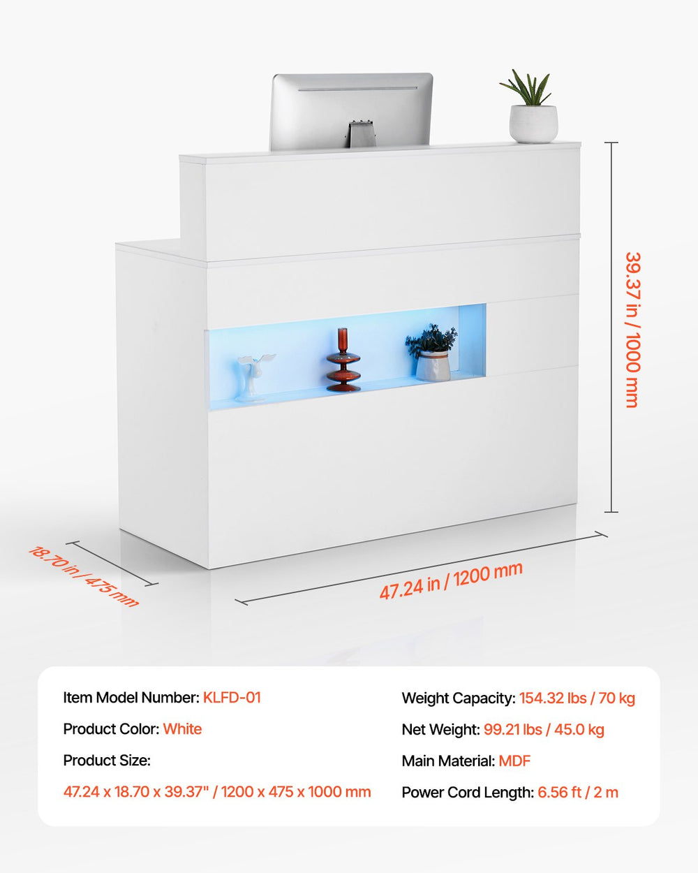 Vevor Reception Desk 47" MDF Counter with LED Light Drawers and Storage Cabinet White New
