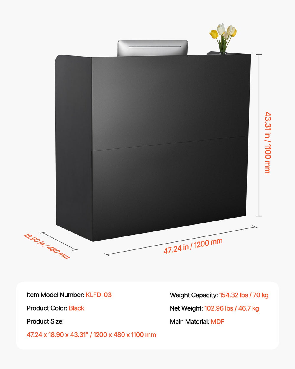 Vevor Reception Desk 47" Rectangular MDF Counter with 3 Lockable Drawer and Storage Cabinet Black New
