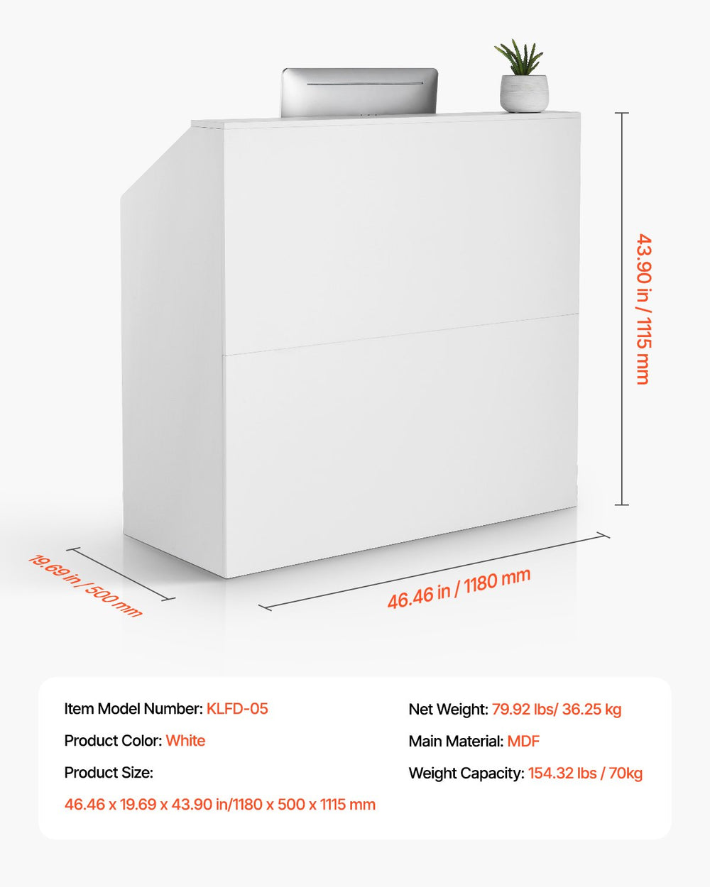 Vevor Reception Desk 46" Rectangular MDF Counter with Waterproof Surface White New