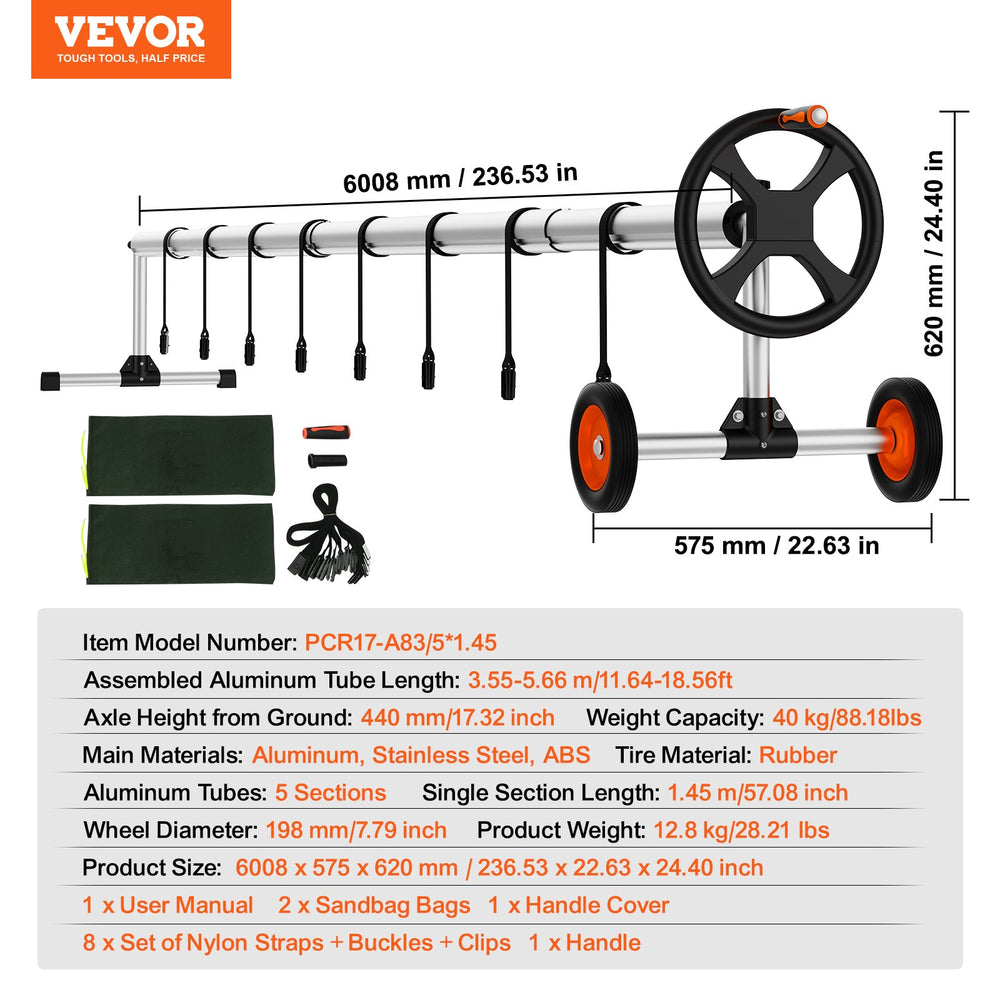 Vevor Pool Cover Reel 18' Aluminum Roller with Rubber Wheels and Sandbags for Inground Pools New