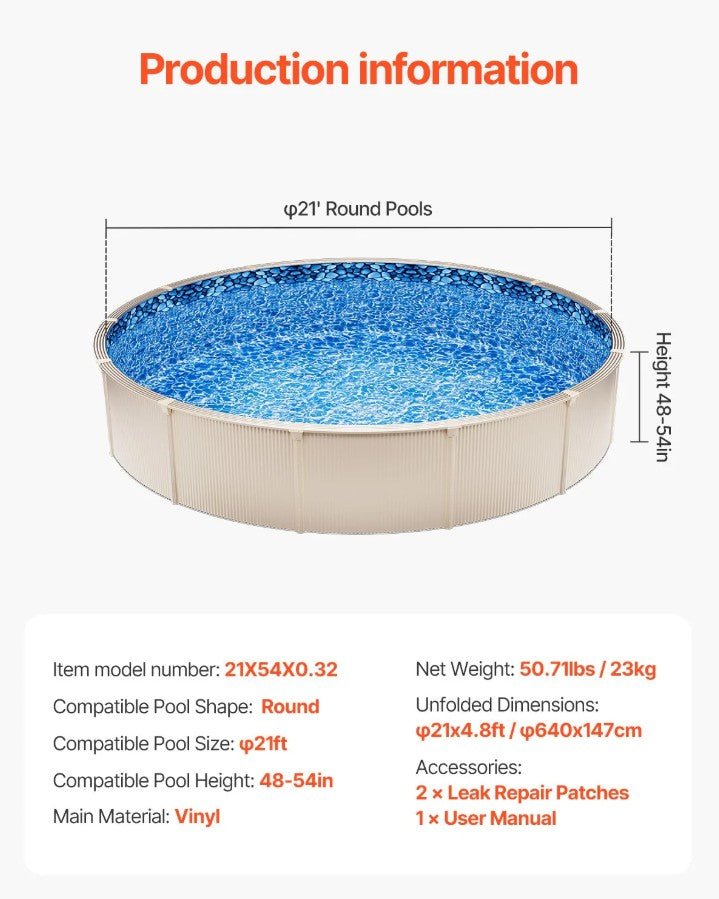 Vevor 21' Round Pool Liner 54" Wall Height Overlap Vinyl Above Ground New