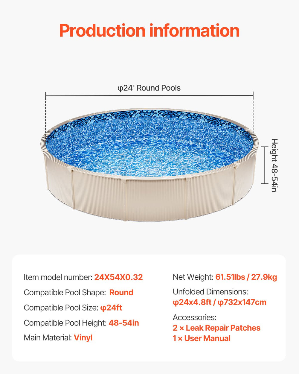 Vevor 24' Round Overlap Pool Liner for 54" Wall Height Durable Vinyl New
