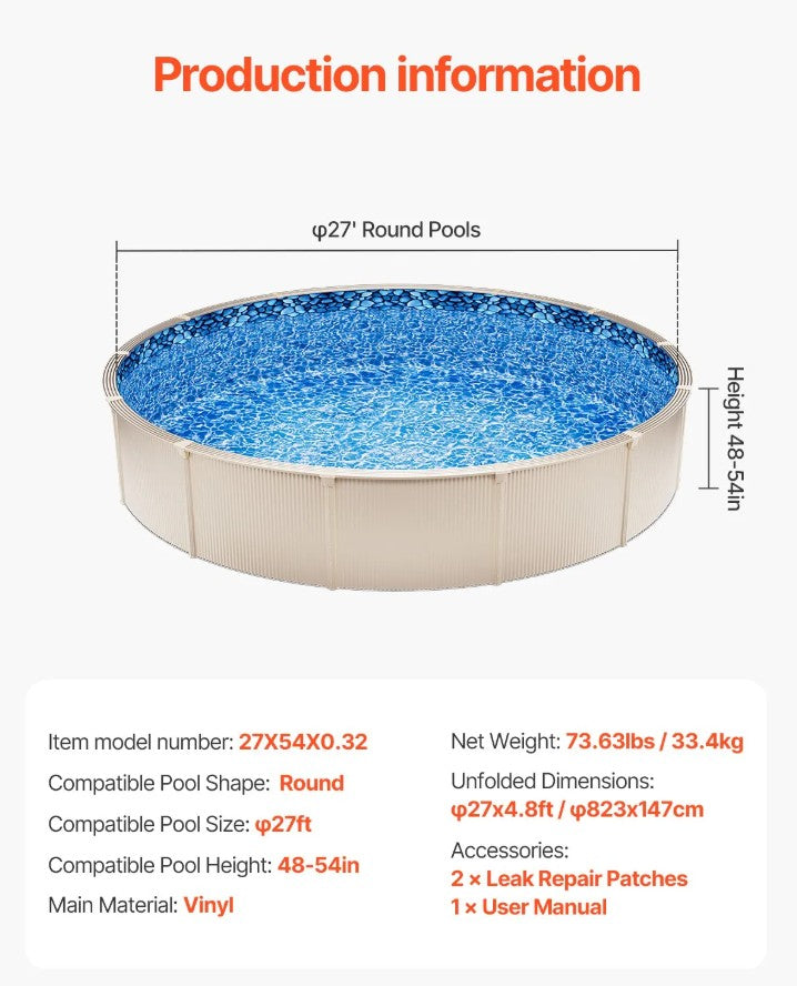 Vevor 27' Round Pool Liner 54" Wall Height Overlap Vinyl Above Ground New