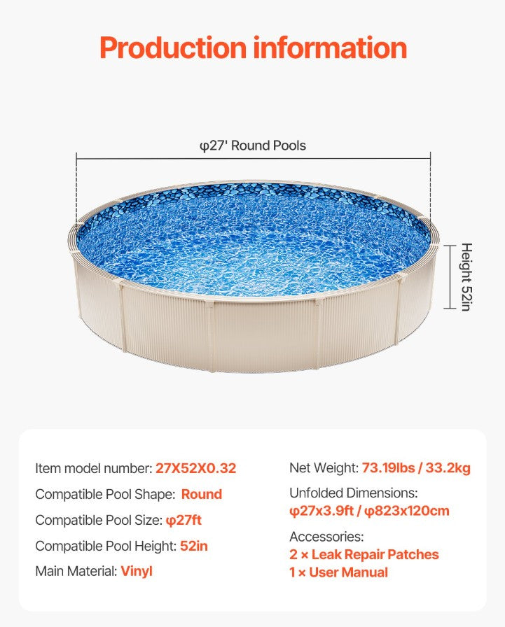 Vevor 27' Round Pool Liner 52" Wall Height Unibead Vinyl Above Ground New