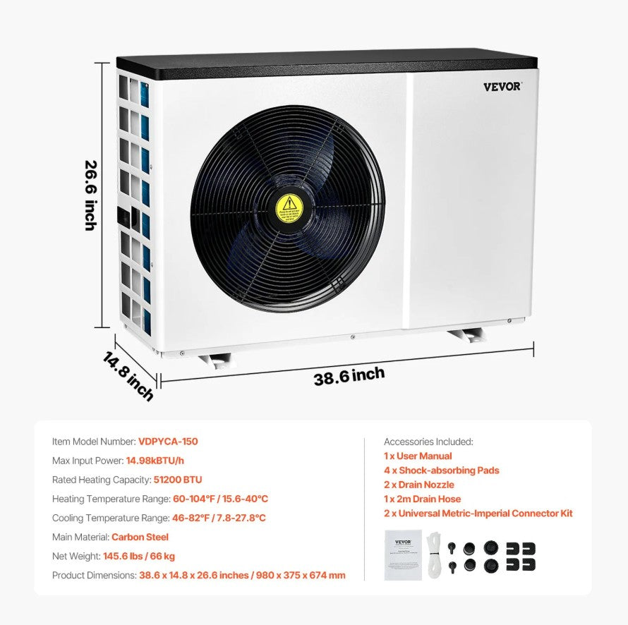 Vevor Electric Pool Heat Pump 51,200 BTU Heating and Cooling for 7,926–15,851 Gal Pools New