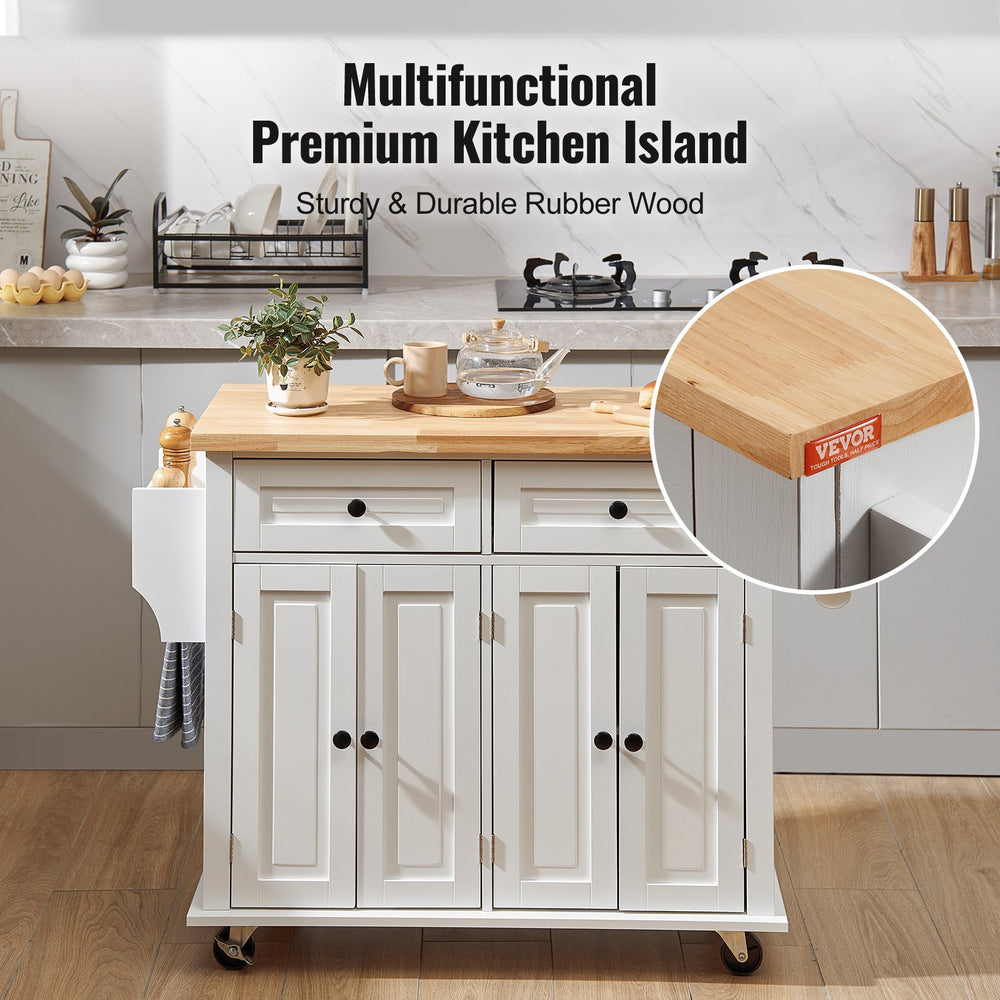 Vevor Kitchen Island Cart 35.4" Solid Rubberwood Top Mobile with Drop Leaf Spice Rack and 2 Drawers White New