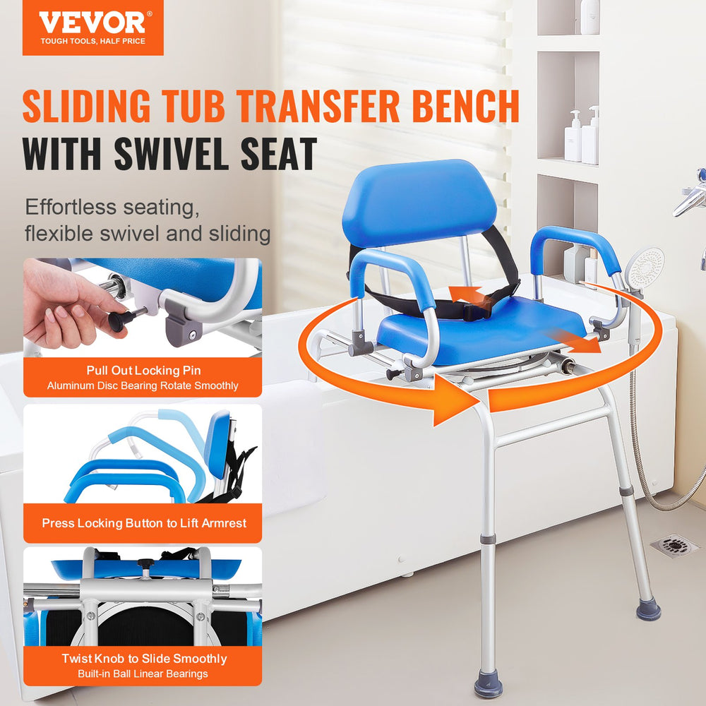 Vevor Shower Bench Sliding Tub Transfer Chair with 360° Swivel Seat Adjustable Height 330 Lbs Capacity New