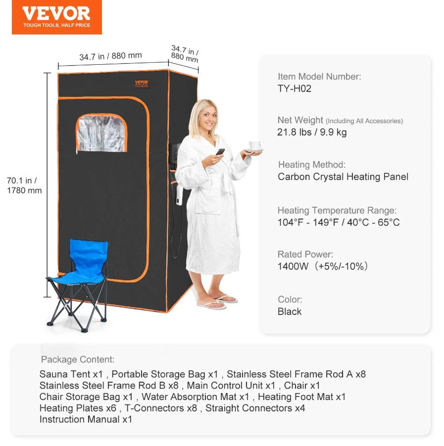 Vevor Infrared Sauna Tent 1400W Full Body Portable Spa Adjustable Temperature with Chair New