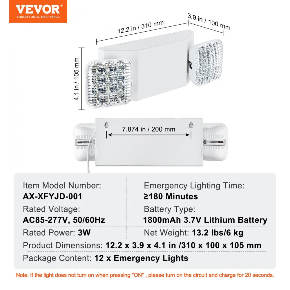 Vevor Emergency Light Fixture 12 PCS 3W Dual-Head LED 180-Minute Backup Battery Adjustable Angle New