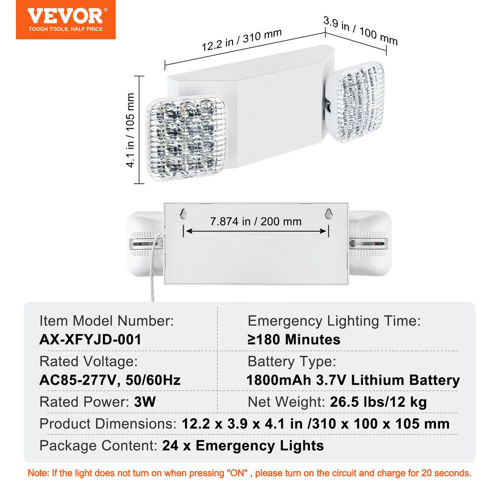 Vevor Emergency Light Fixture 24 PCS 3W Dual-Head LED 180-Minute Backup Battery Adjustable Angle New