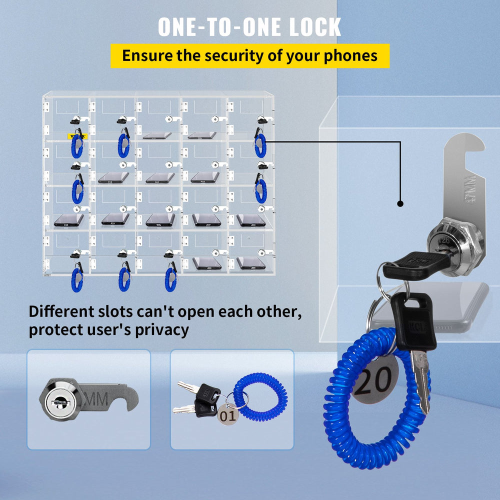 Vevor Cell Phone Locker 20 Slots Acrylic Storage with Door Locks and Keys Wall Mounted New