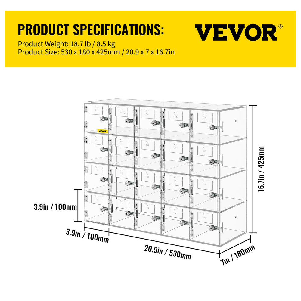 Vevor Cell Phone Locker 20 Slots Acrylic Storage with Door Locks and Keys Wall Mounted New