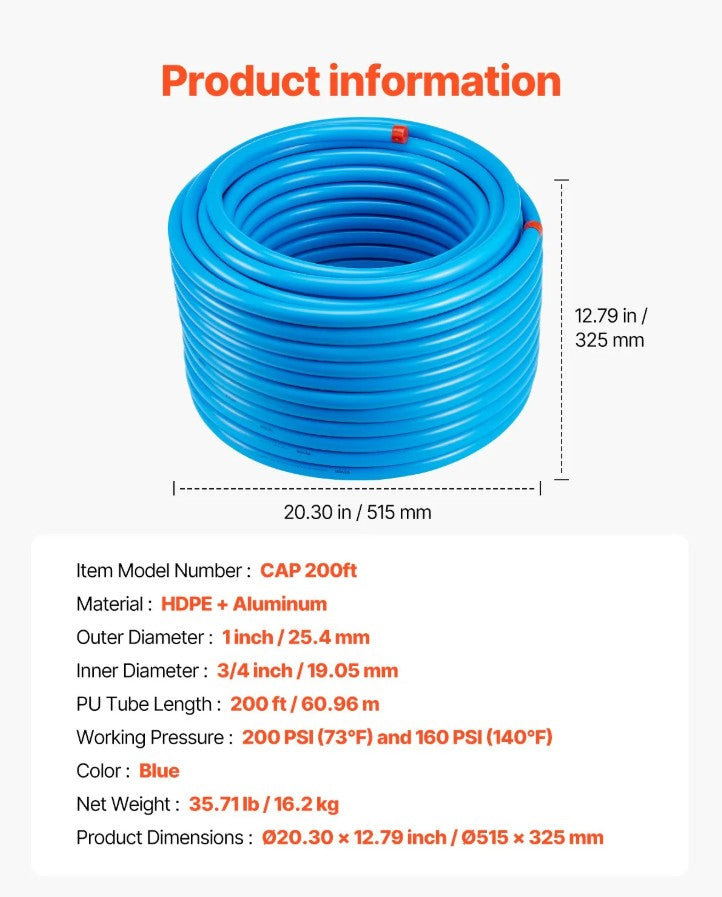 Vevor Air Compressor Line Kit 3/4" x 200' HDPE Aluminum Complete Piping System New