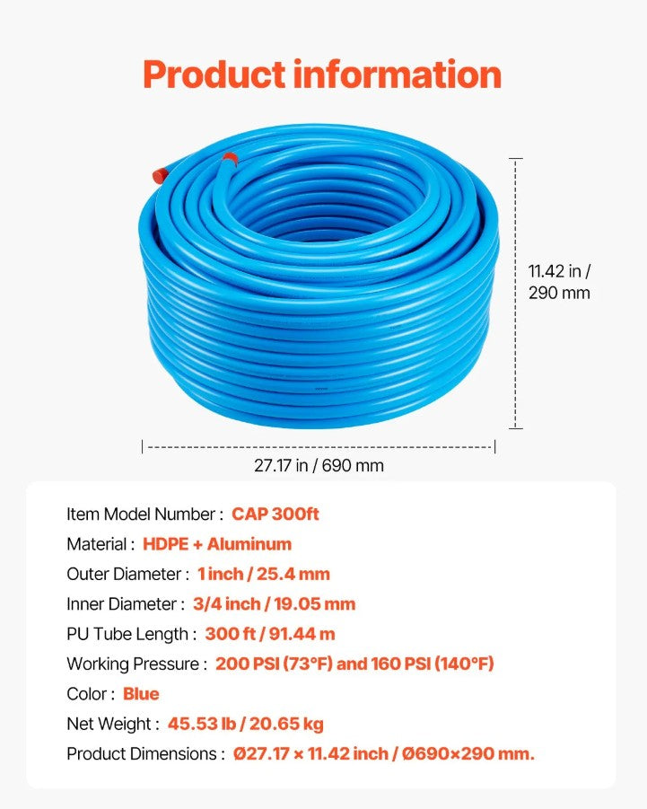 Vevor Air Compressor Line Kit 3/4" x 300' HDPE Aluminum Complete Piping System New