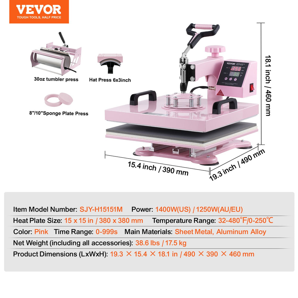 Vevor Heat Press 5-in-1 Machine 15" x 15" with 30oz Tumbler Press Pink New