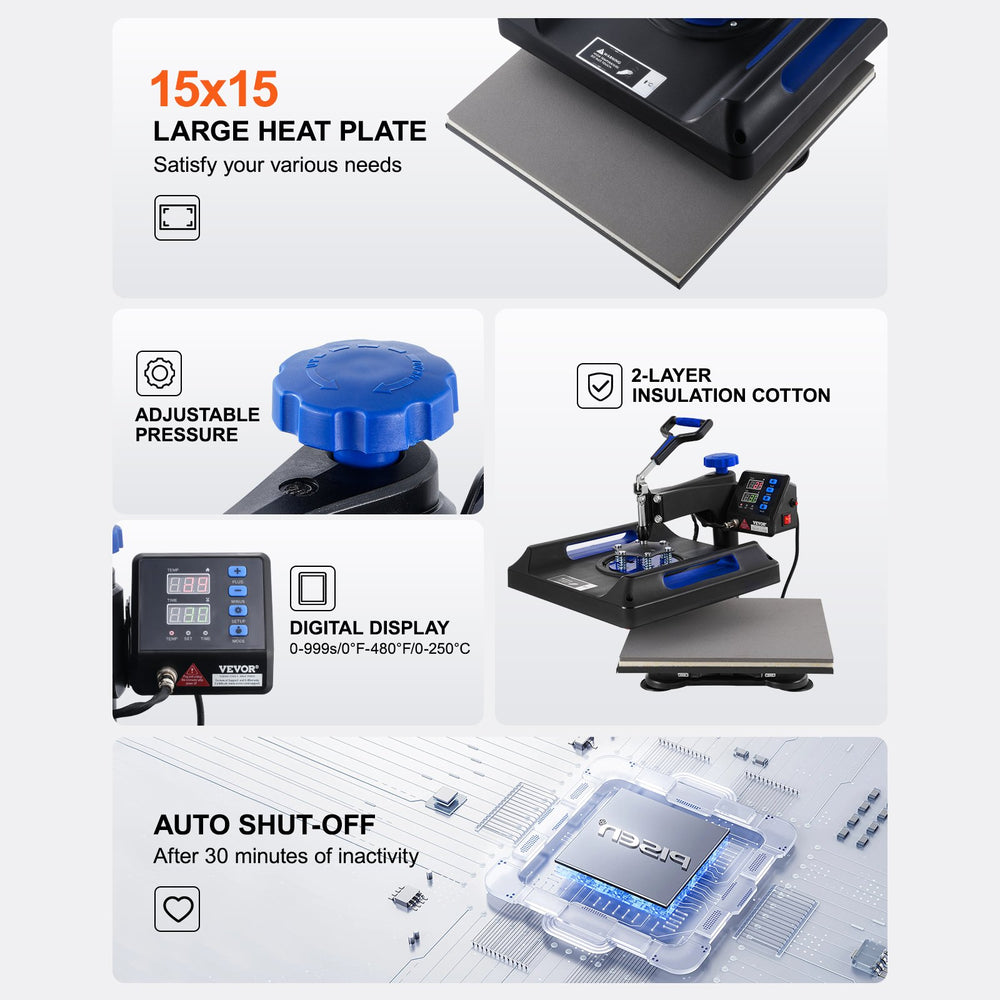 Vevor Heat Press 5-in-1 Machine 15" x 15" with 30oz Tumbler Press Black/Blue New