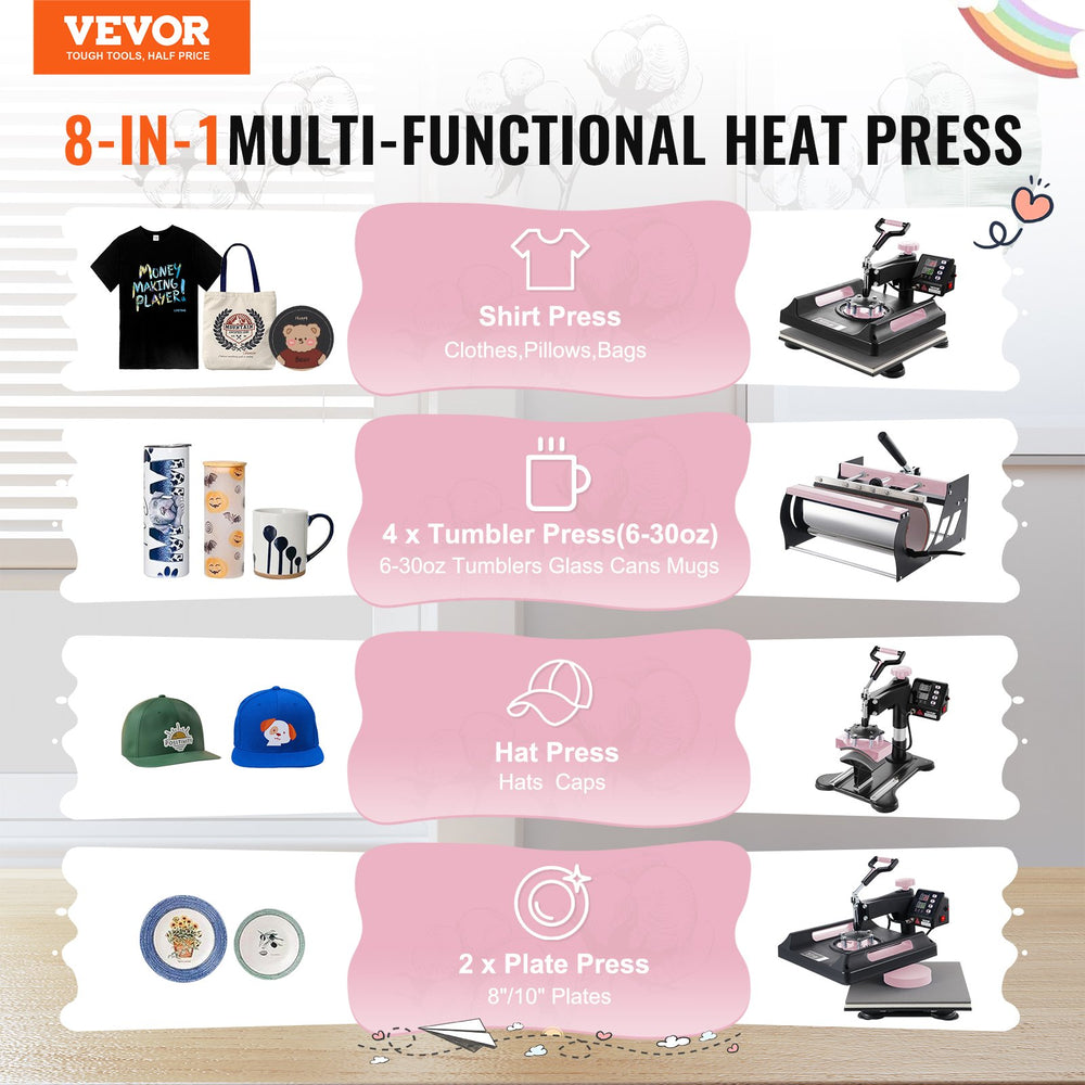 Vevor Heat Press 8-in- 1 Machine 15" x 15" with 30oz Tumbler Press Black/Pink New