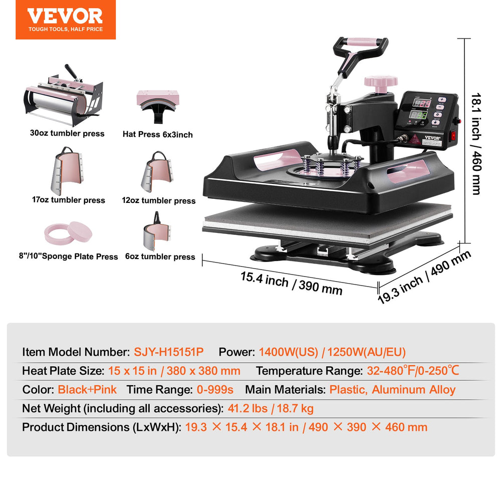 Vevor Heat Press 8-in- 1 Machine 15" x 15" with 30oz Tumbler Press Black/Pink New