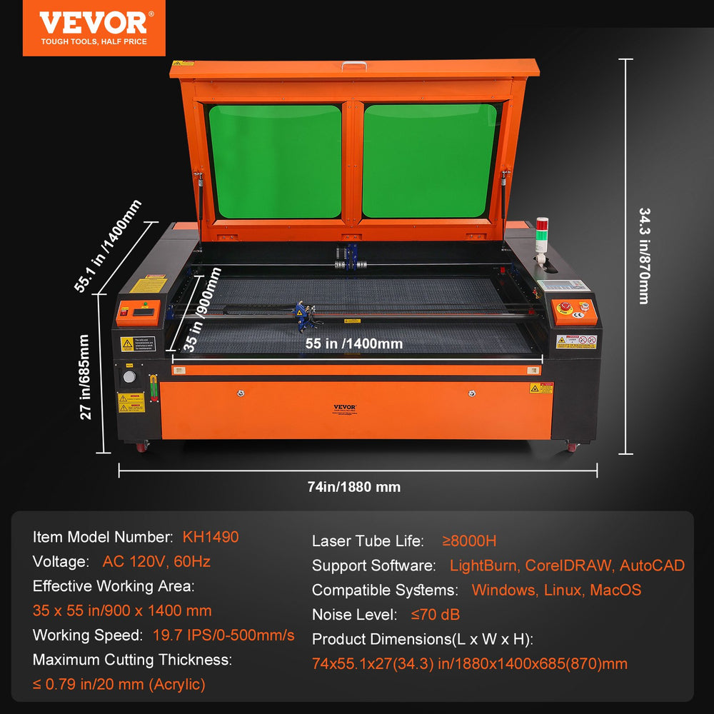Vevor CO2 Laser Engraver 35" x 55" 130W 19.7 IPS Cutter Machine with 2-Way Pass Air Assist New