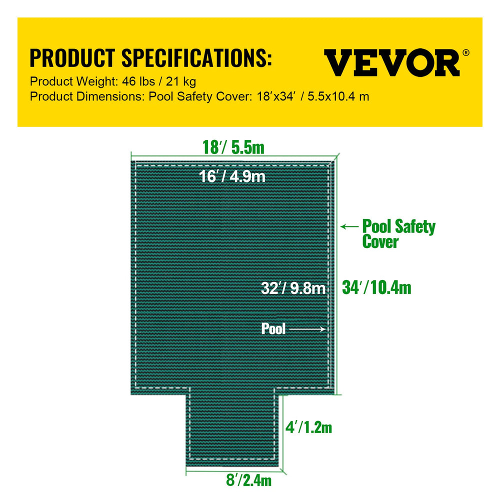 Vevor Pool Safety Cover Fits 16' x 32' Inground Pool Green Mesh Cover with 4' x 8' Center Step New