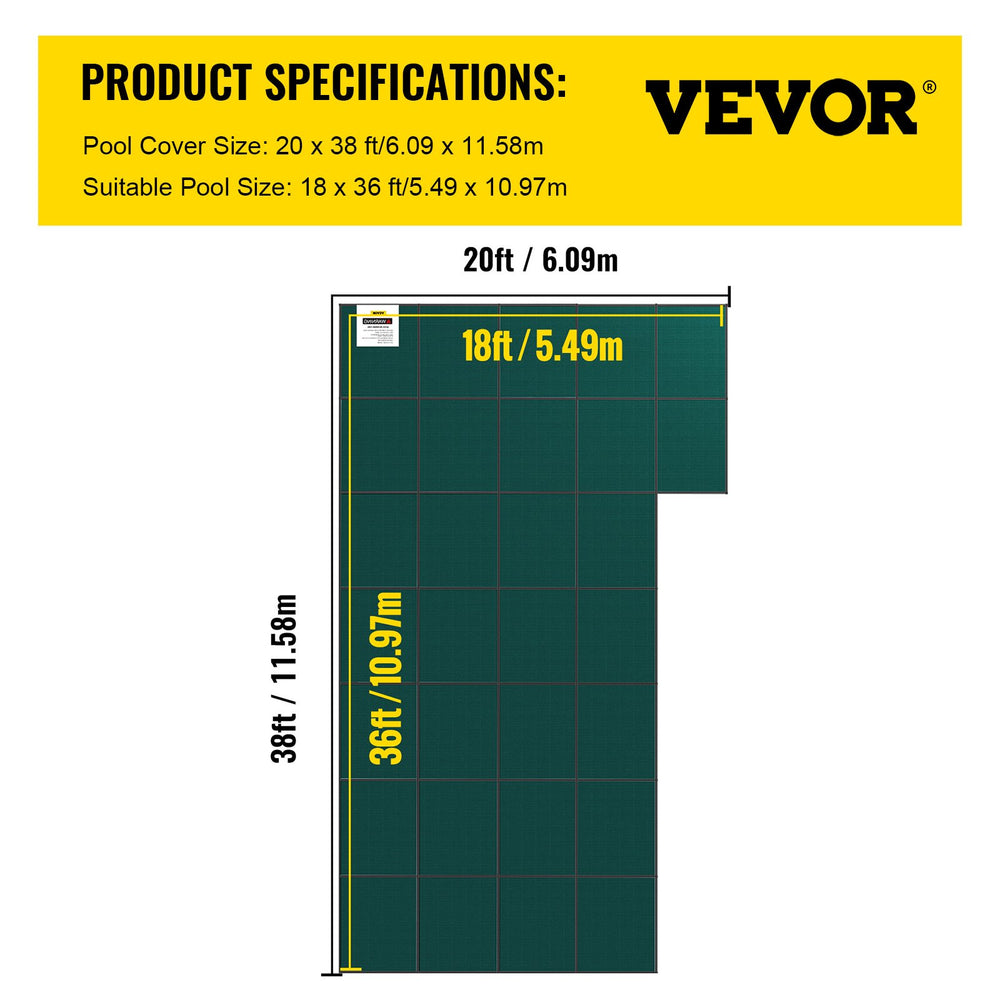 Vevor Pool Safety Cover Fits 18' x 36' Inground Pool Green Mesh Cover with 4' x 8' Right Step New