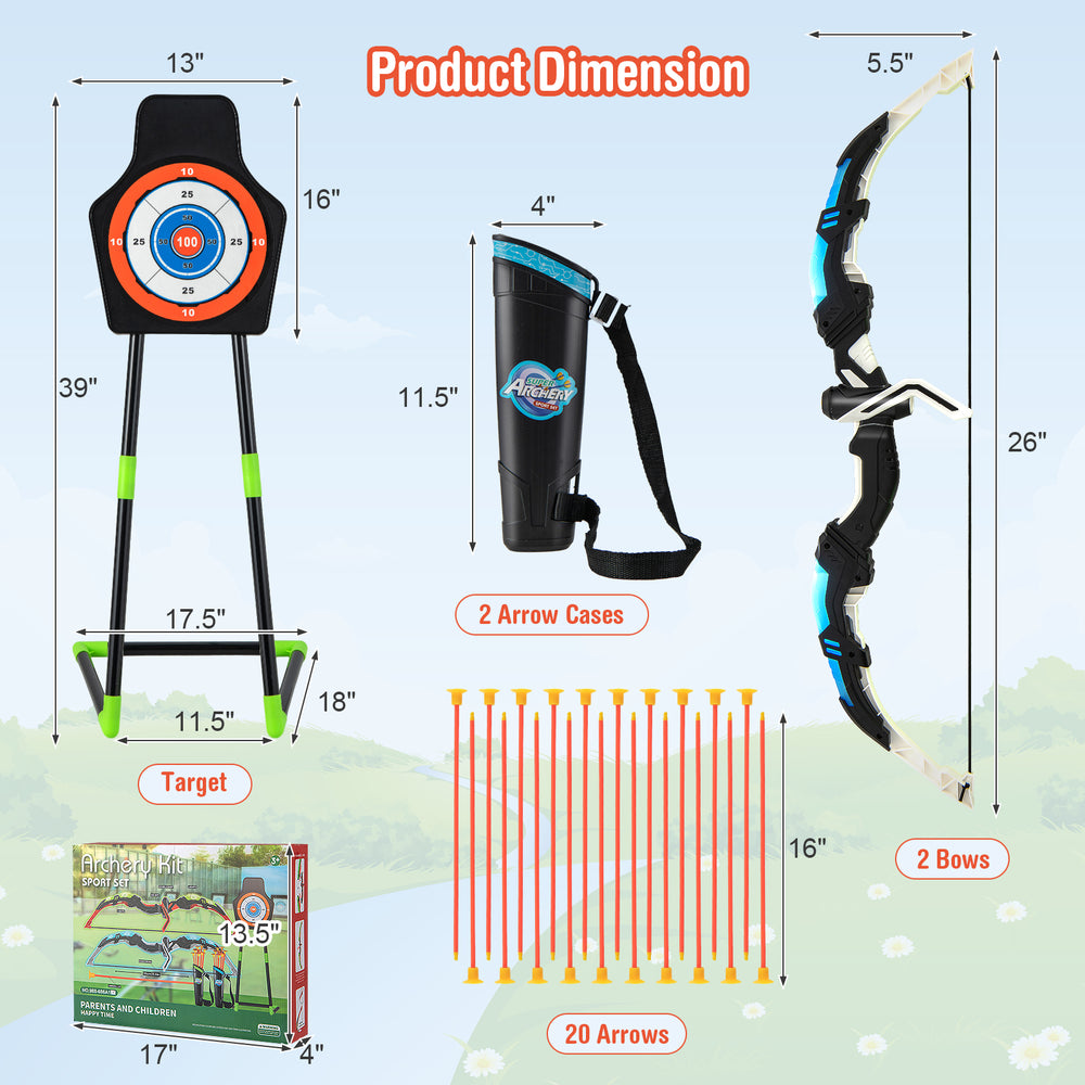 Youth archery bow set with 2 bows, 20 suction cup arrows, and target, designed for kids' outdoor fun and safety.