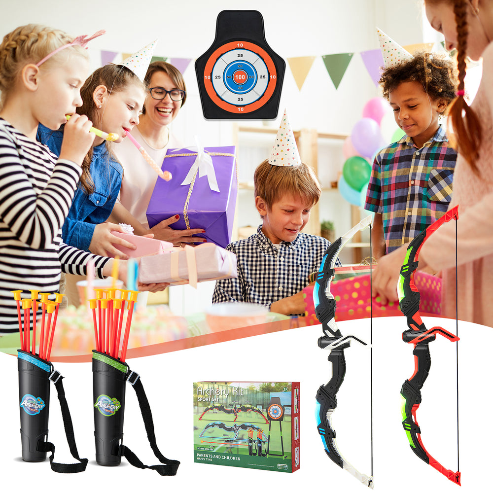 Youth archery bow set featuring LED light up bows, 20 suction cup arrows, and a target for kids' fun outdoor play.