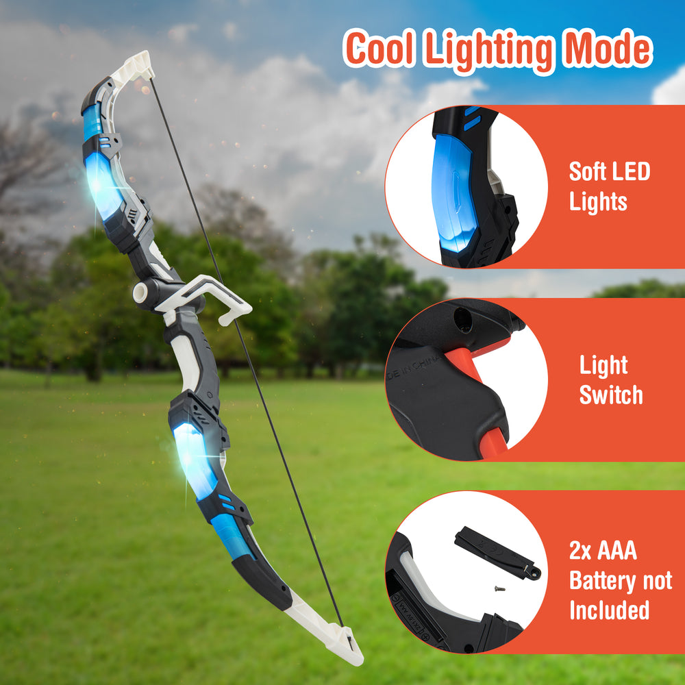 Youth archery bow set featuring LED lights, adjustable string, and non-slip handle, perfect for kids' outdoor fun.