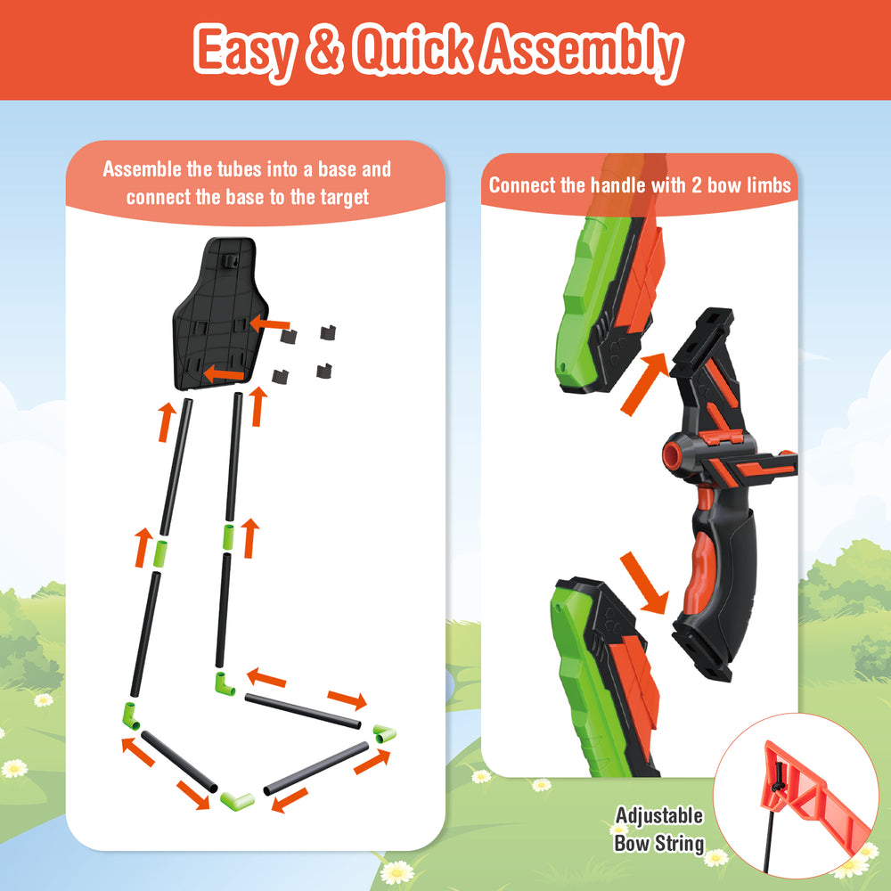 Youth archery bow set assembly instructions showing components and adjustable bow string for kids' play.