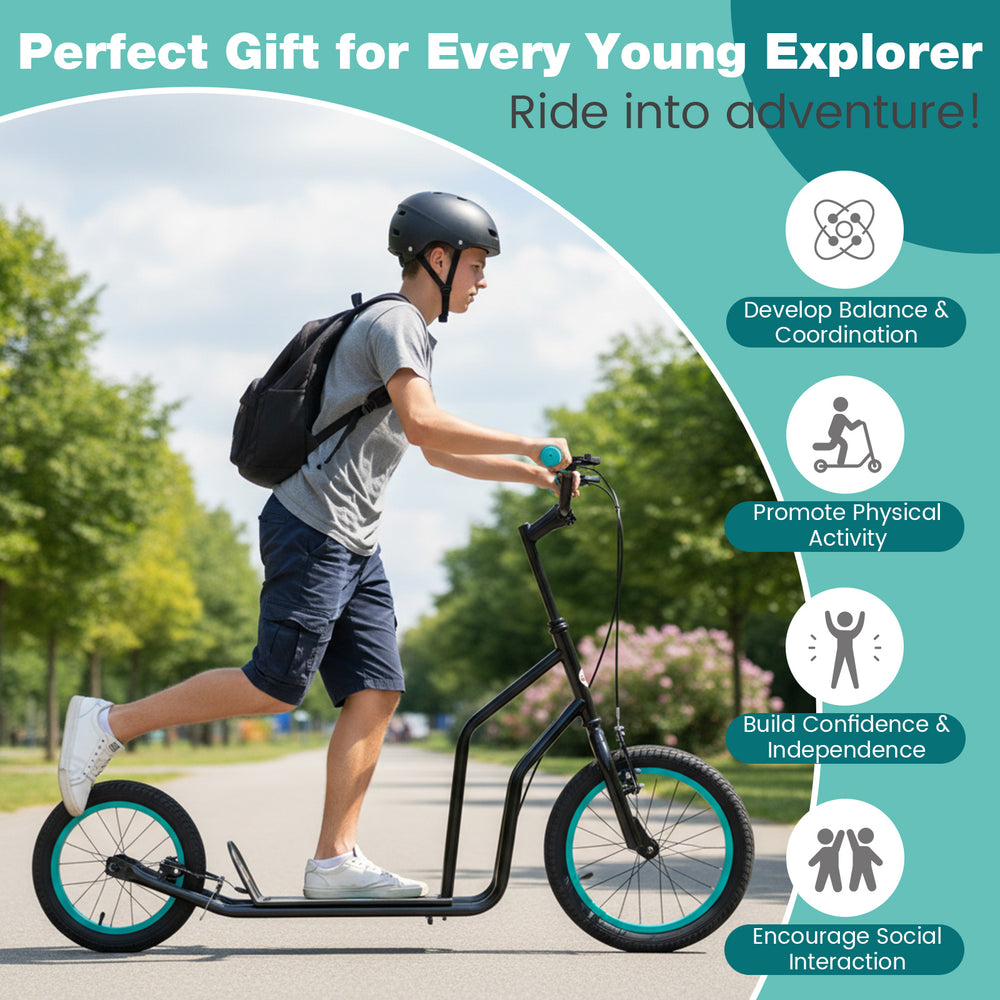 Youth scooter with adjustable handlebar and 16/14-inch inflatable wheels, promoting physical activity for ages 8+.