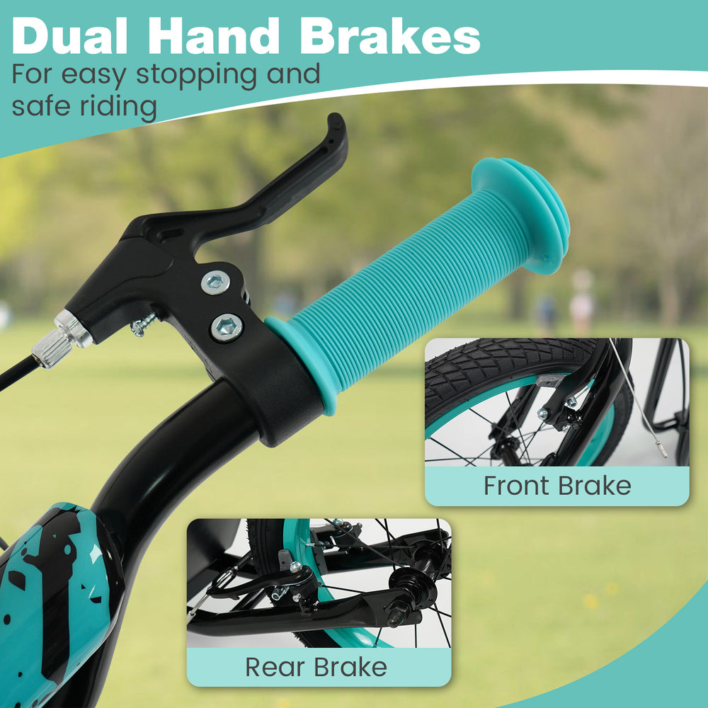 Close-up of the dual hand brakes on a youth scooter with adjustable handlebar and inflatable wheels for safe riding.