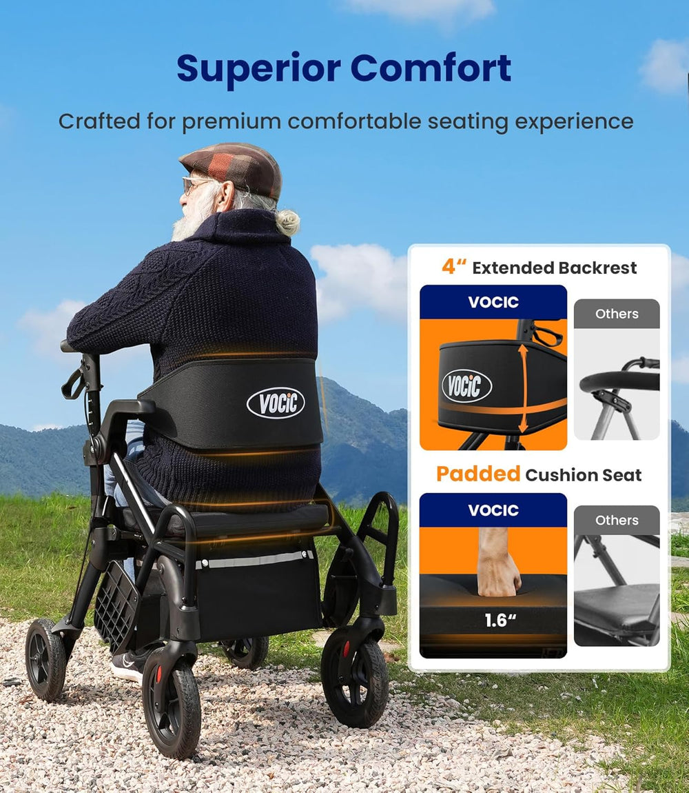 Vocic Z55 2-in-1 Rollator and Transport Chair Heavy-Duty All-Terrain No-Bend Footrest 300 Lb Capacity New