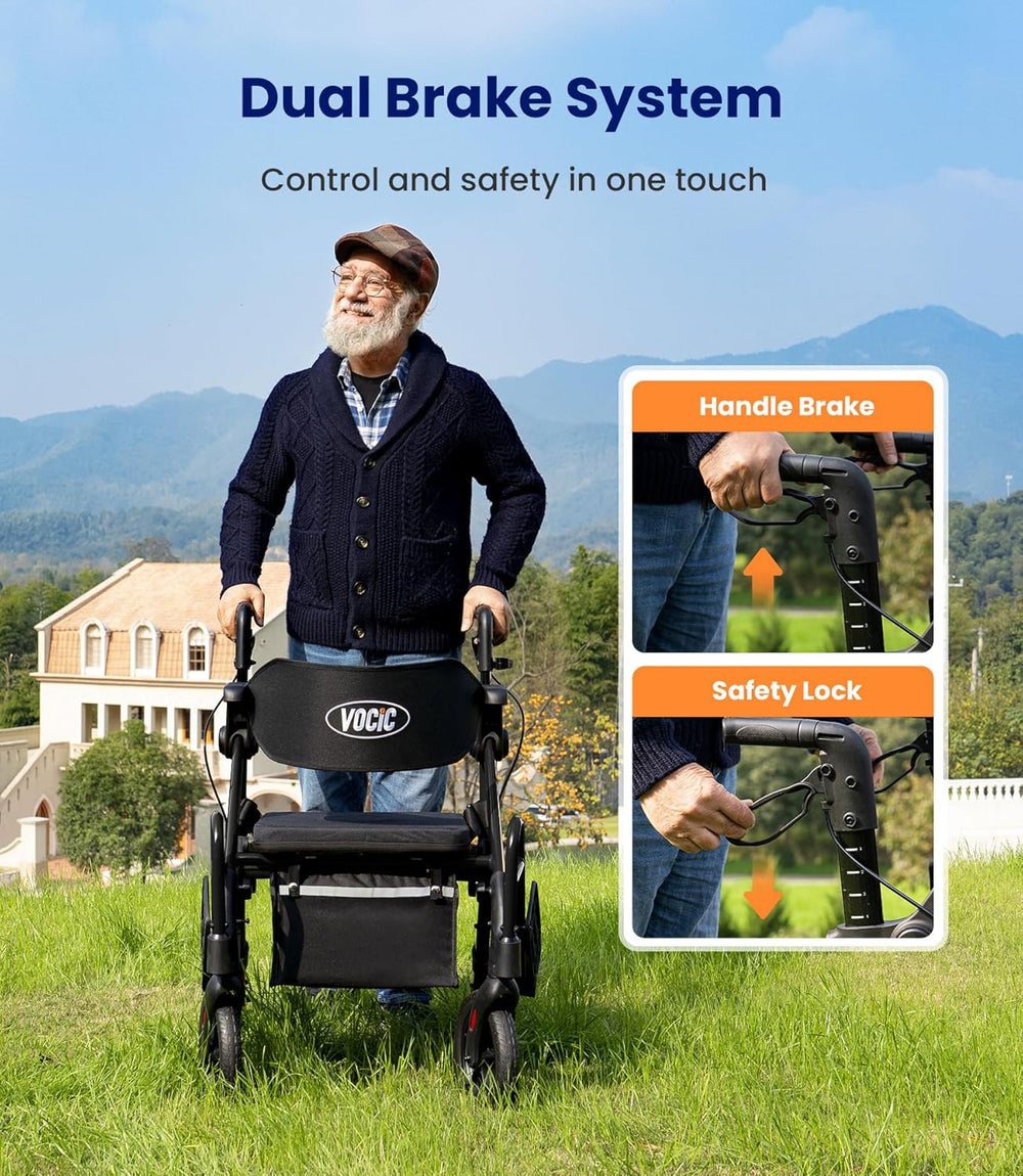 Vocic Z55 2-in-1 Rollator and Transport Chair Heavy-Duty All-Terrain No-Bend Footrest 300 Lb Capacity New