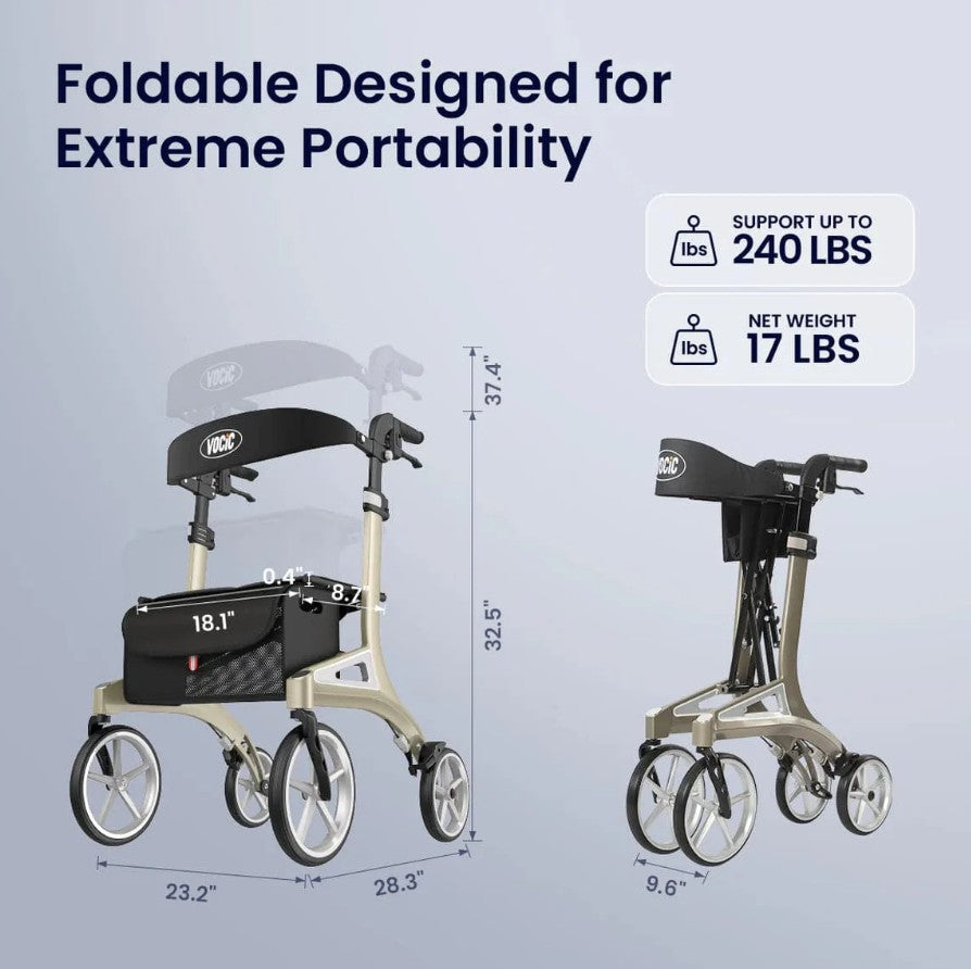 Vocic Z71 Rollator Walker Lightweight Foldable Adjustable Backrest 240 Lb Capacity New