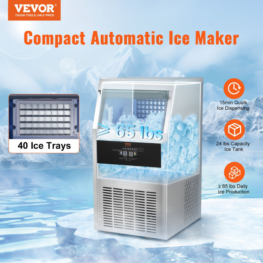 Vevor Commercial Ice Maker 65 Lbs/24H with 24 Lbs Storage 40 Cubes 110V Auto Cleaning New