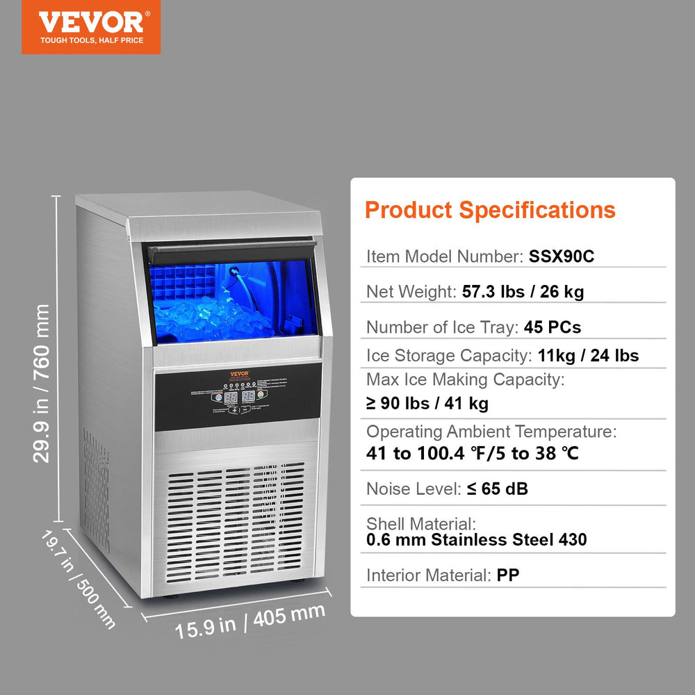 Vevor Commercial Ice Maker 90 Lbs/24H with 24 Lbs Storage 45 Cubes 110V Auto Cleaning New