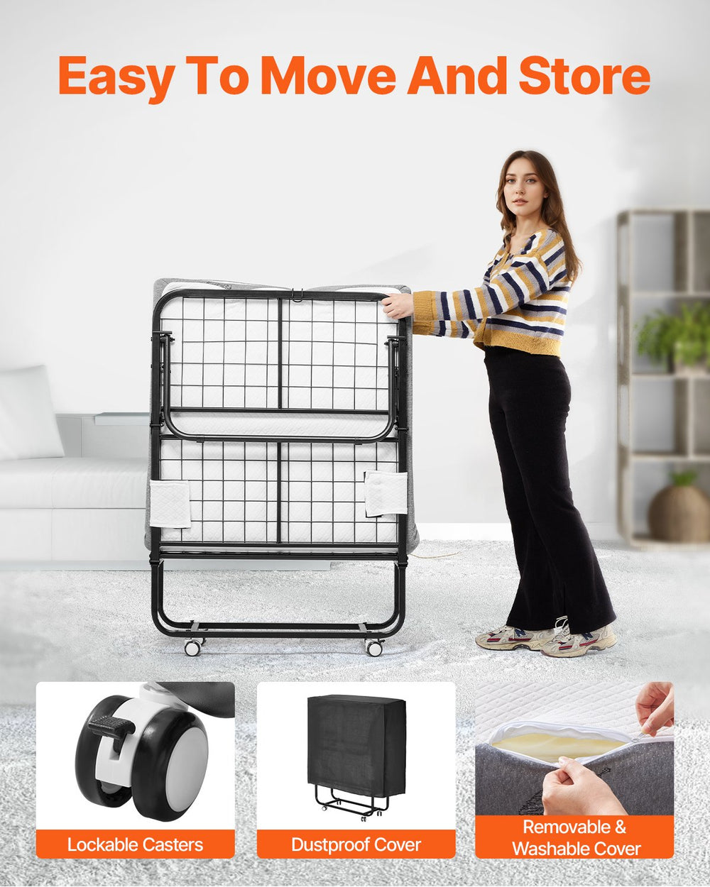 Vevor Twin Foldable Rollaway Bed 31" x 75" Steel Frame with 4" Memory Foam Mattress New