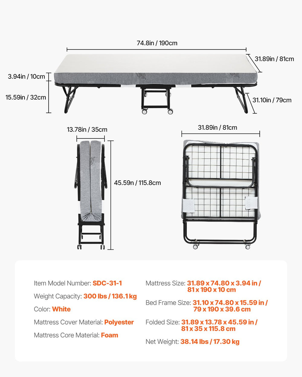 Vevor Twin Foldable Rollaway Bed 31" x 75" Steel Frame with 4" Memory Foam Mattress New