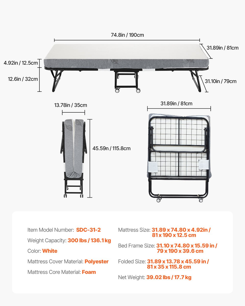 Vevor Twin Foldable Rollaway Bed 31" x 75" Steel Frame with 5" Memory Foam Mattress New